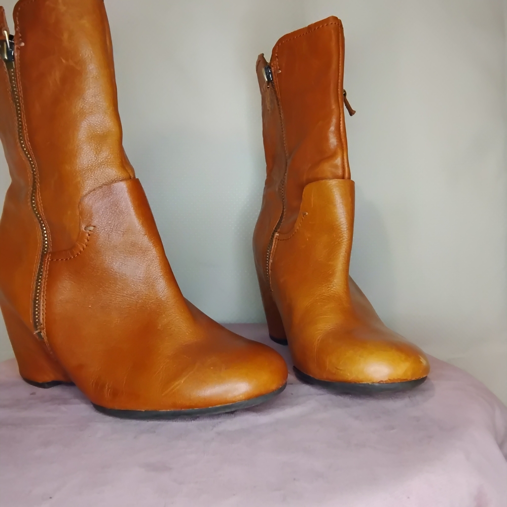 Franco Sarto Cognac Leather Mid-Calf Heeled Boots